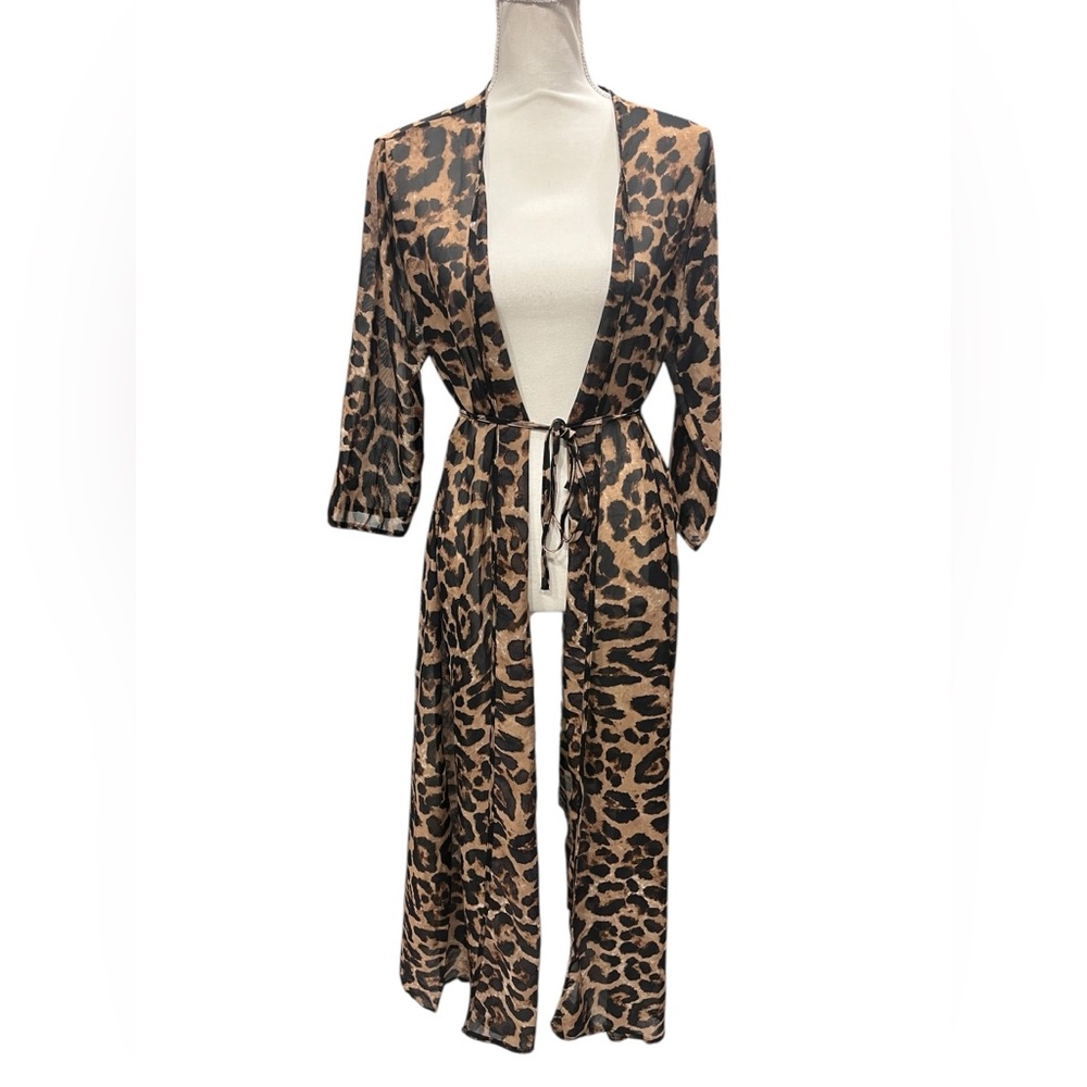 Leopard Print Sheer Duster Kimono Cardigan Tie Waist Boho Festival Large - Picture 2 of 6